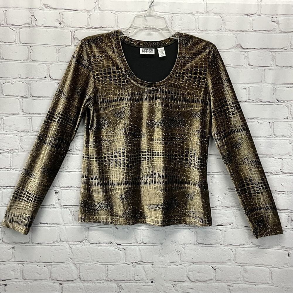 Chico's Design Velvet Top Women's Size 0 (XS/4) Brown Snakeskin Print Metallic